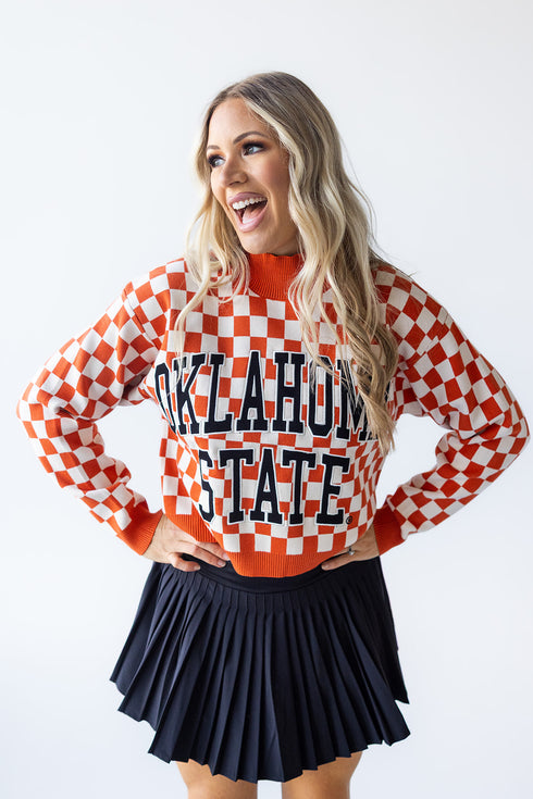 OK State Checkerboard Cropped Crew Sweater
